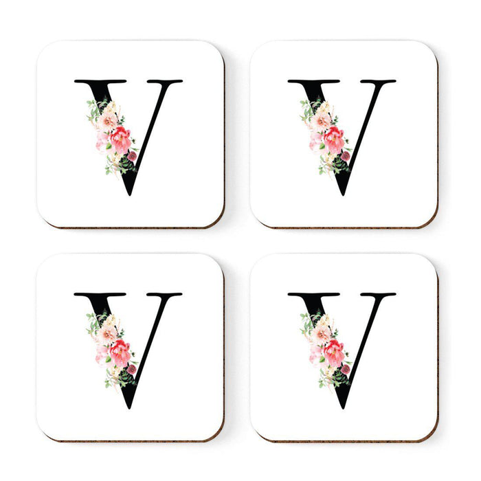 Square Coffee Drink Coasters Gift Set, Blush Floral Monogram-Set of 4-Andaz Press-A-