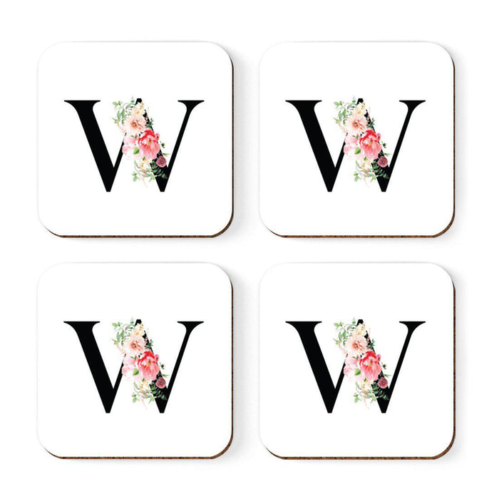 Square Coffee Drink Coasters Gift Set, Blush Floral Monogram-Set of 4-Andaz Press-A-