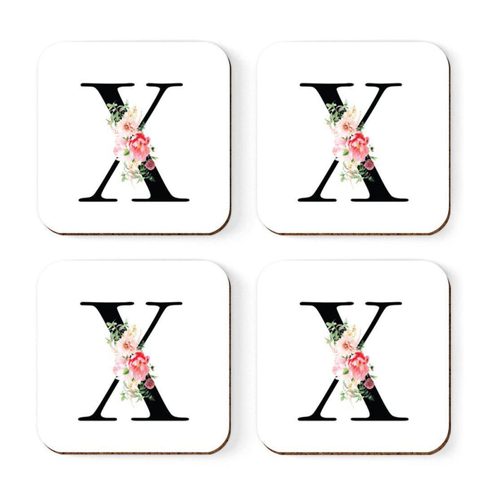 Square Coffee Drink Coasters Gift Set, Blush Floral Monogram-Set of 4-Andaz Press-A-