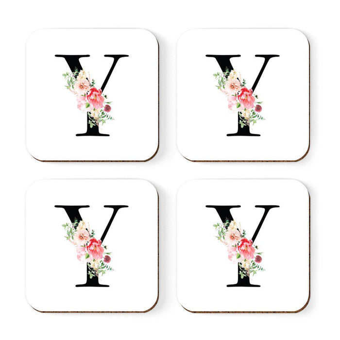Square Coffee Drink Coasters Gift Set, Blush Floral Monogram-Set of 4-Andaz Press-A-