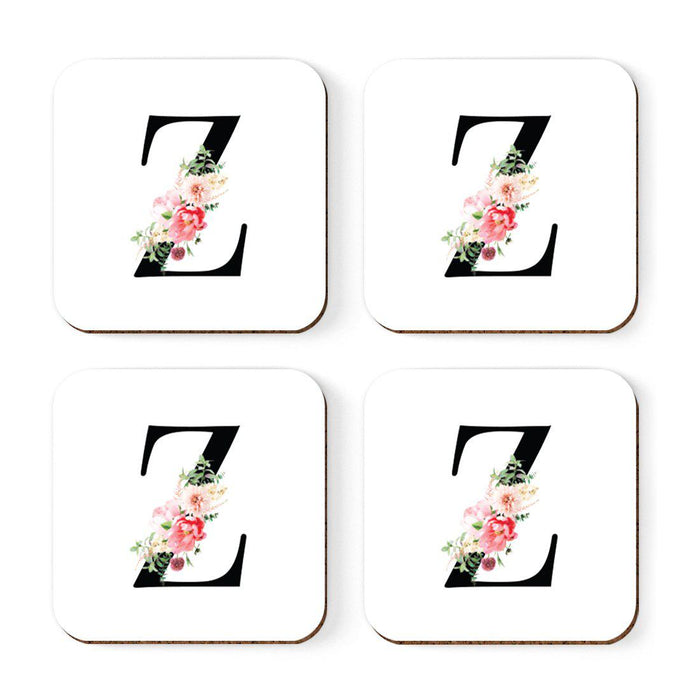 Square Coffee Drink Coasters Gift Set, Blush Floral Monogram-Set of 4-Andaz Press-A-