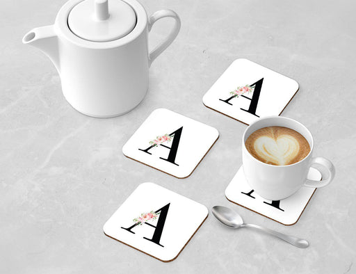 Square Coffee Drink Coasters Gift Set, Blush Floral Monogram-Set of 4-Andaz Press-A-