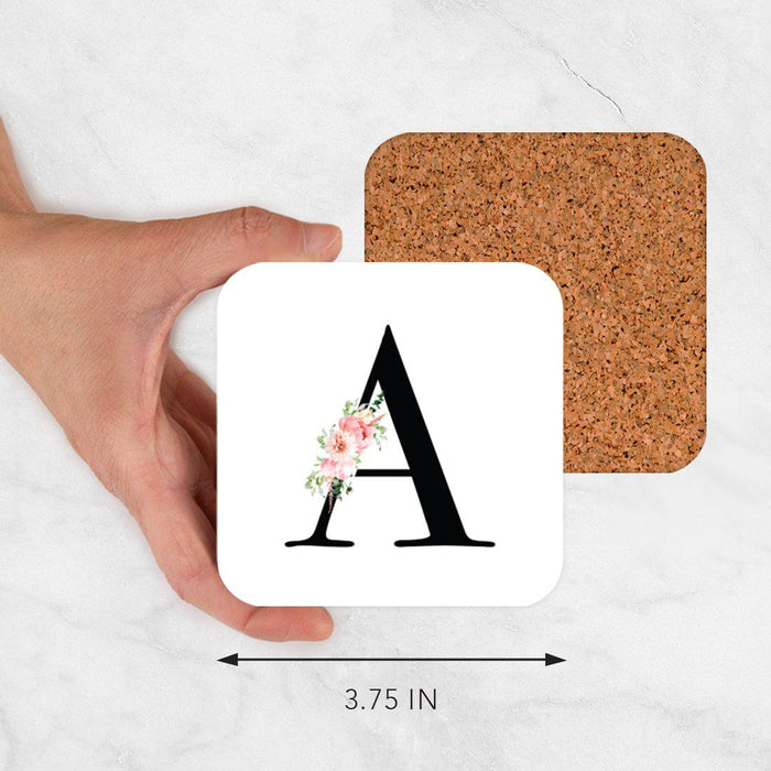 Square Coffee Drink Coasters Gift Set, Blush Floral Monogram-Set of 4-Andaz Press-A-