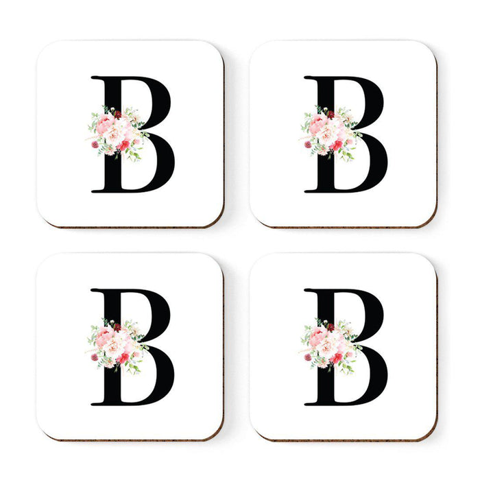 Square Coffee Drink Coasters Gift Set, Blush Floral Monogram-Set of 4-Andaz Press-A-
