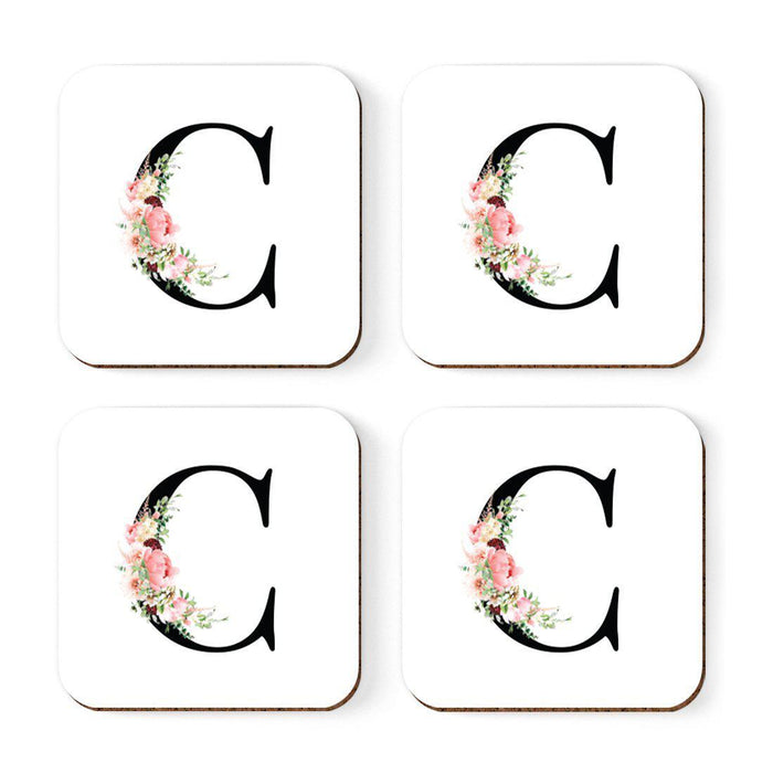 Square Coffee Drink Coasters Gift Set, Blush Floral Monogram-Set of 4-Andaz Press-A-