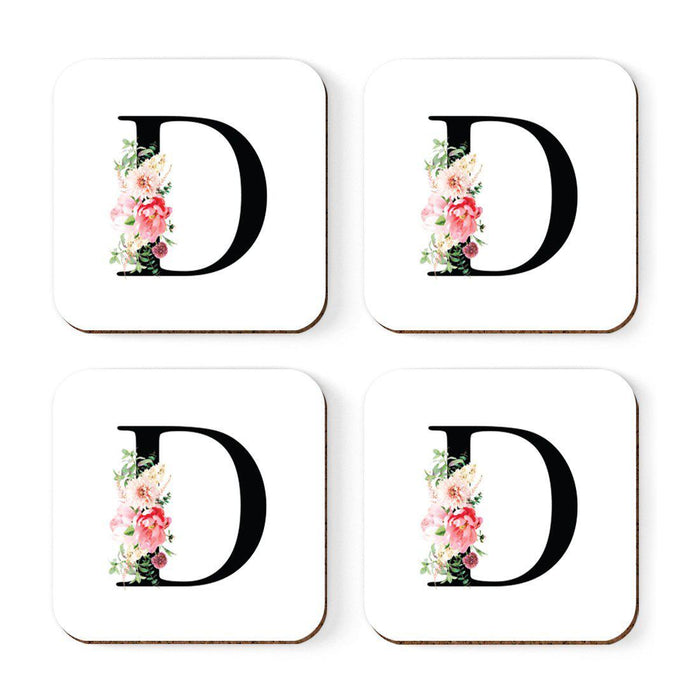 Square Coffee Drink Coasters Gift Set, Blush Floral Monogram-Set of 4-Andaz Press-A-