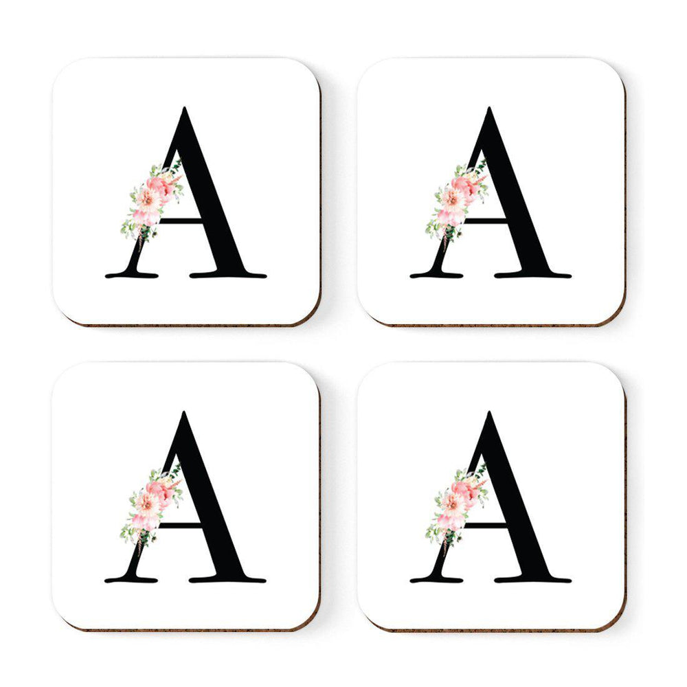 Square Coffee Drink Coasters Gift Set, Blush Floral Monogram-Set of 4-Andaz Press-A-