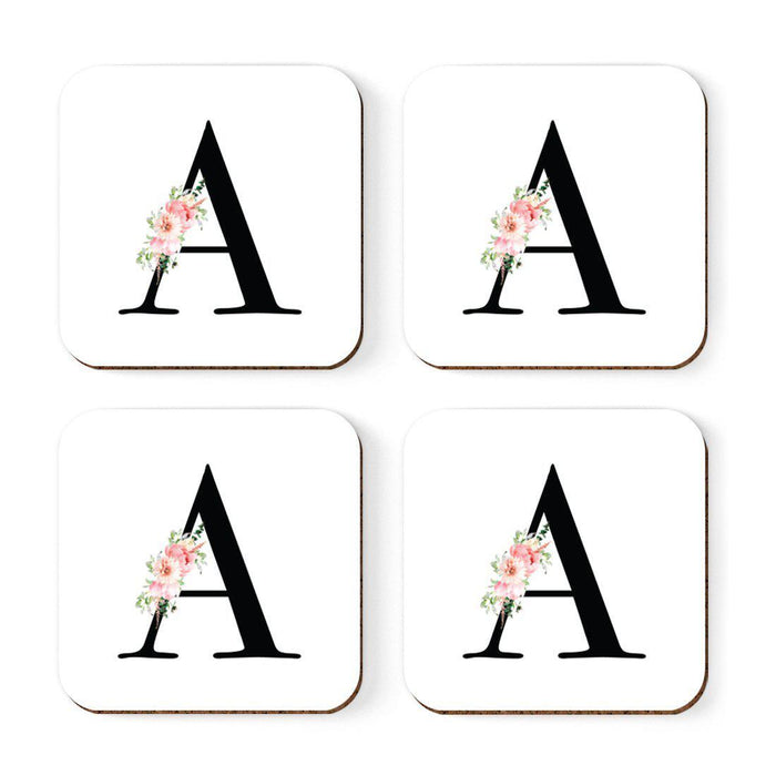 Square Coffee Drink Coasters Gift Set, Blush Floral Monogram-Set of 4-Andaz Press-A-