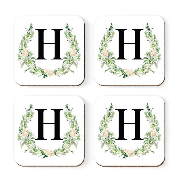 Square Coffee Drink Coasters Gift Set, Garden Green Monogram-Set of 4-Andaz Press-A-
