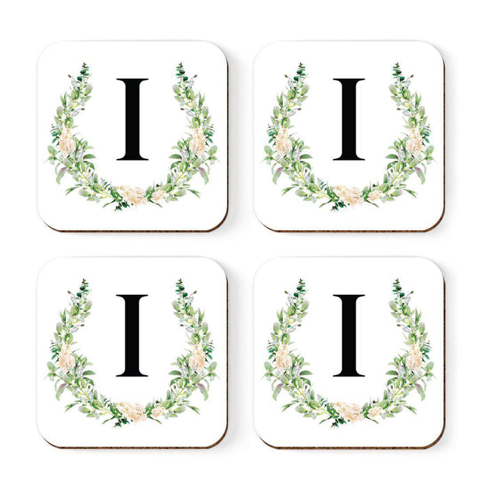 Square Coffee Drink Coasters Gift Set, Garden Green Monogram-Set of 4-Andaz Press-A-
