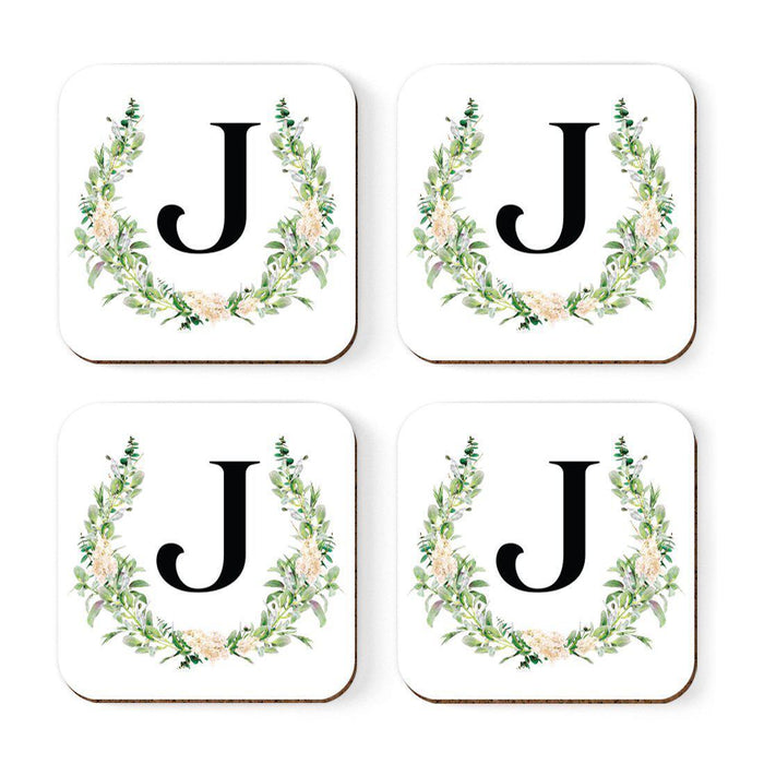 Square Coffee Drink Coasters Gift Set, Garden Green Monogram-Set of 4-Andaz Press-A-
