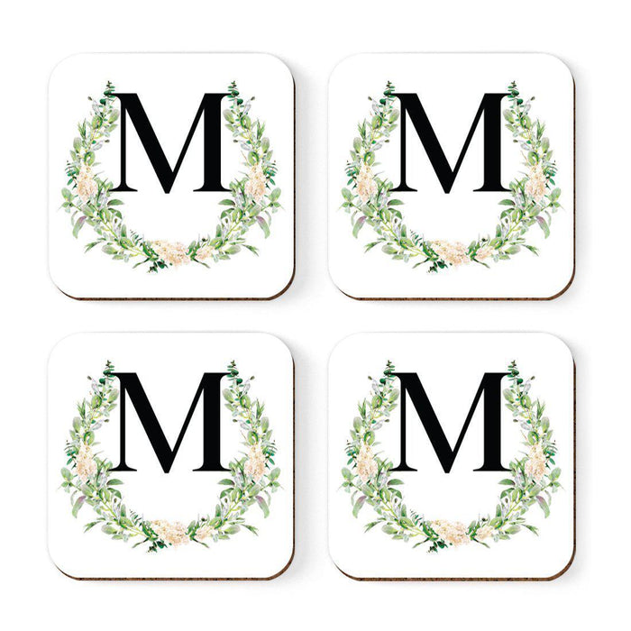 Square Coffee Drink Coasters Gift Set, Garden Green Monogram-Set of 4-Andaz Press-A-