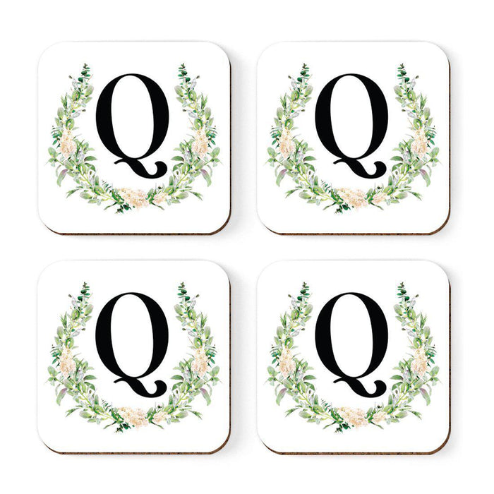 Square Coffee Drink Coasters Gift Set, Garden Green Monogram-Set of 4-Andaz Press-A-