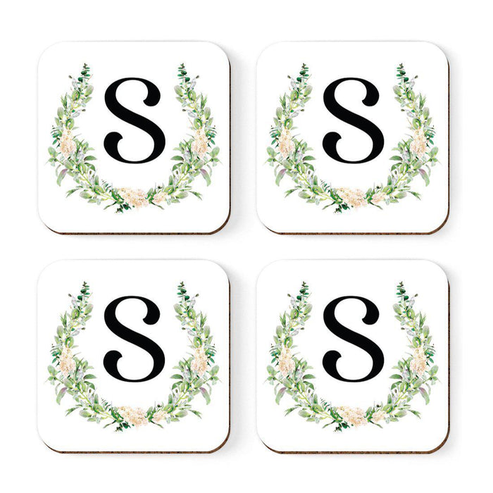 Square Coffee Drink Coasters Gift Set, Garden Green Monogram-Set of 4-Andaz Press-A-