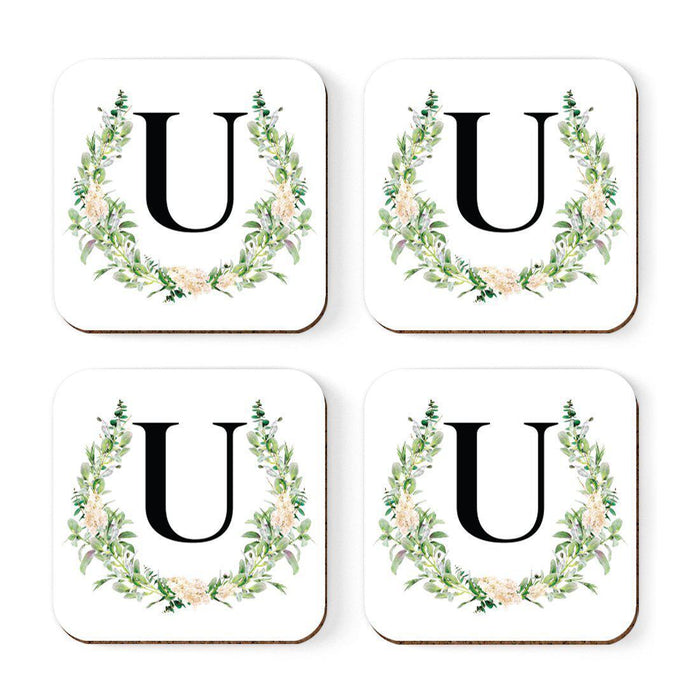 Square Coffee Drink Coasters Gift Set, Garden Green Monogram-Set of 4-Andaz Press-A-