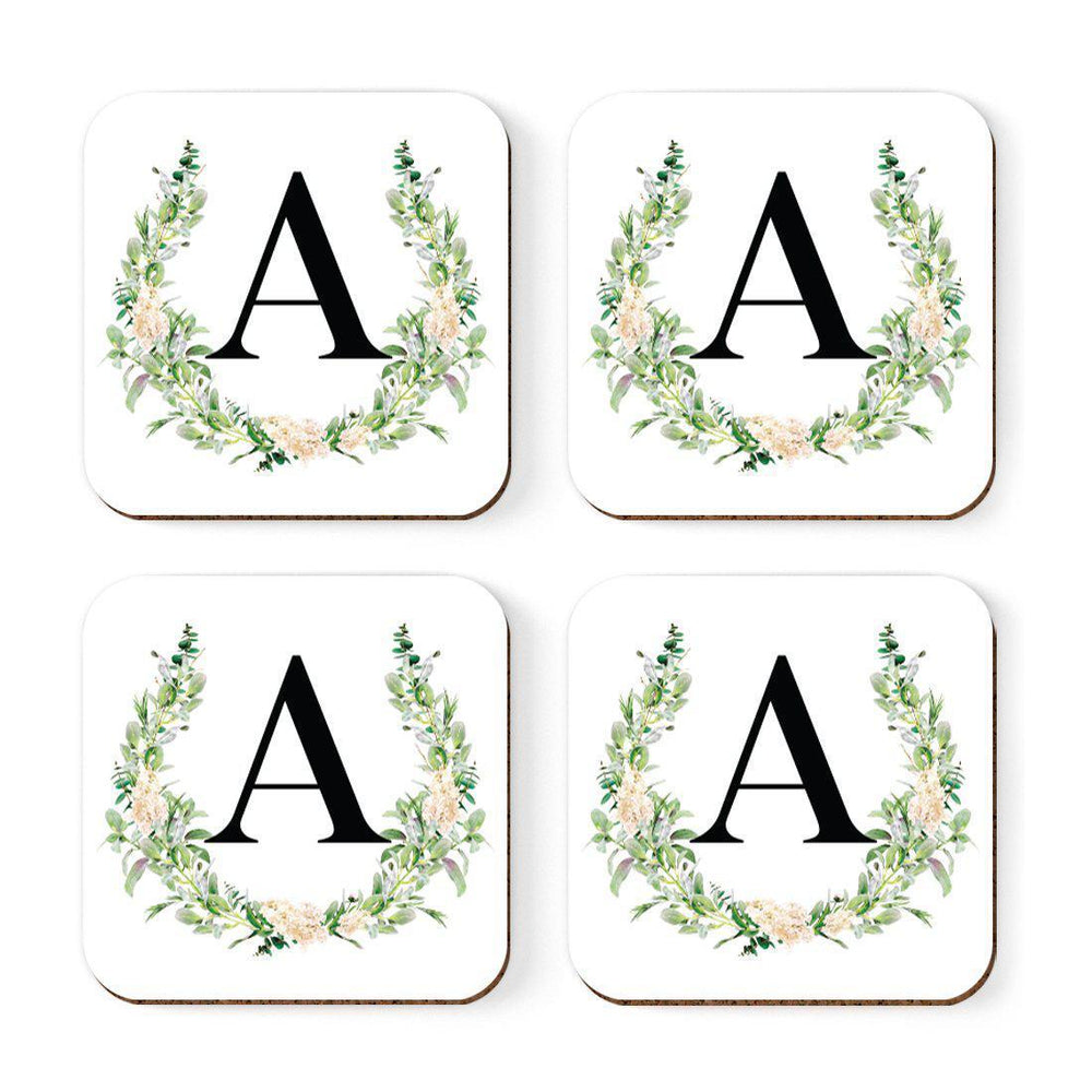 Square Coffee Drink Coasters Gift Set, Garden Green Monogram-Set of 4-Andaz Press-A-