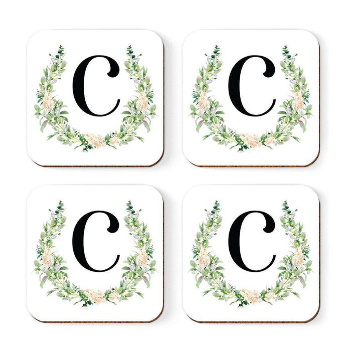 Square Coffee Drink Coasters Gift Set, Garden Green Monogram-Set of 4-Andaz Press-C-
