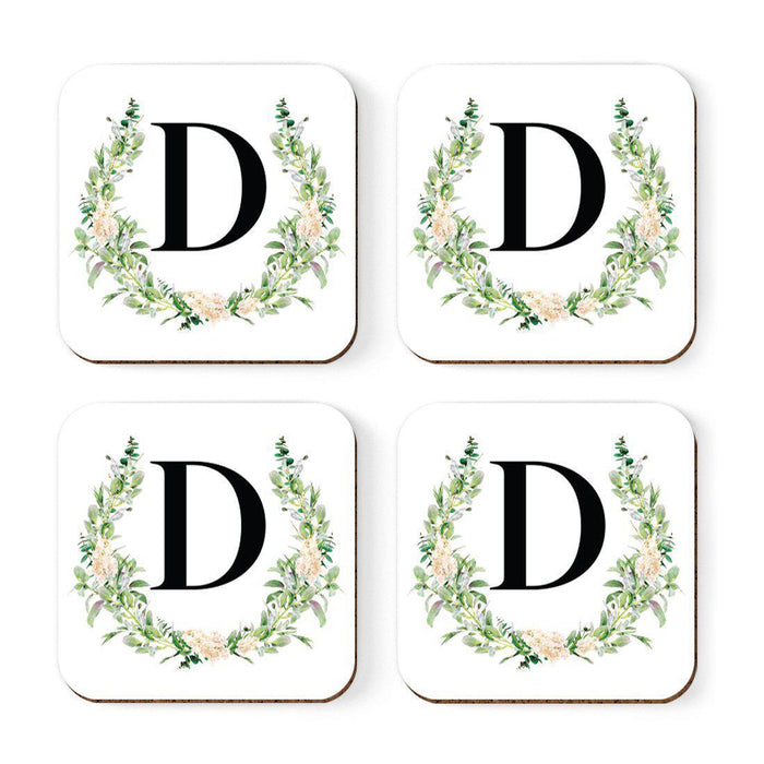 Square Coffee Drink Coasters Gift Set, Garden Green Monogram-Set of 4-Andaz Press-D-