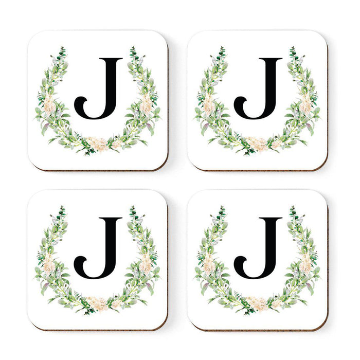 Square Coffee Drink Coasters Gift Set, Garden Green Monogram-Set of 4-Andaz Press-J-