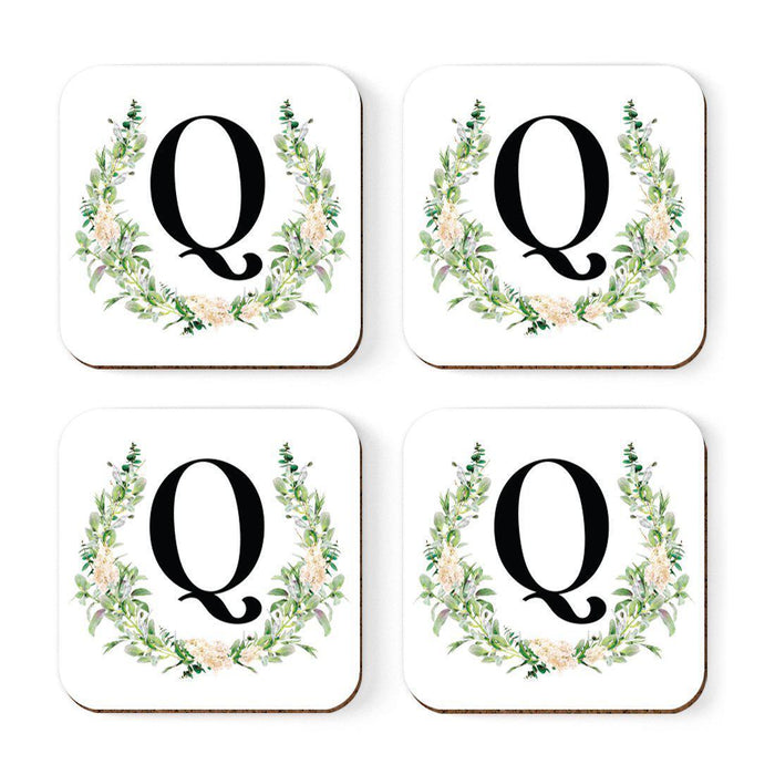 Square Coffee Drink Coasters Gift Set, Garden Green Monogram-Set of 4-Andaz Press-Q-