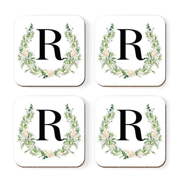 Square Coffee Drink Coasters Gift Set, Garden Green Monogram-Set of 4-Andaz Press-R-
