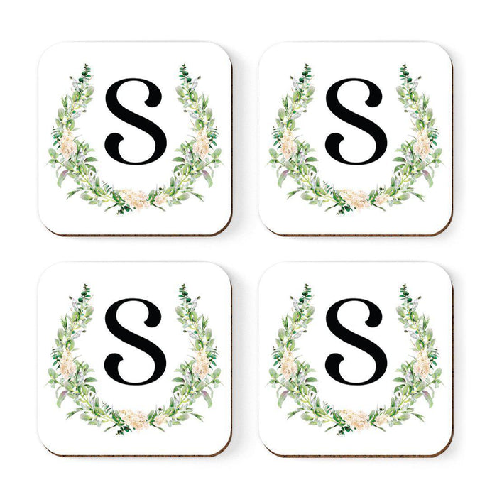 Square Coffee Drink Coasters Gift Set, Garden Green Monogram-Set of 4-Andaz Press-S-