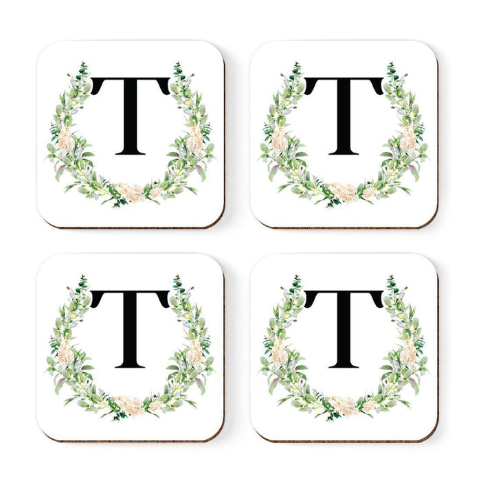 Square Coffee Drink Coasters Gift Set, Garden Green Monogram-Set of 4-Andaz Press-T-