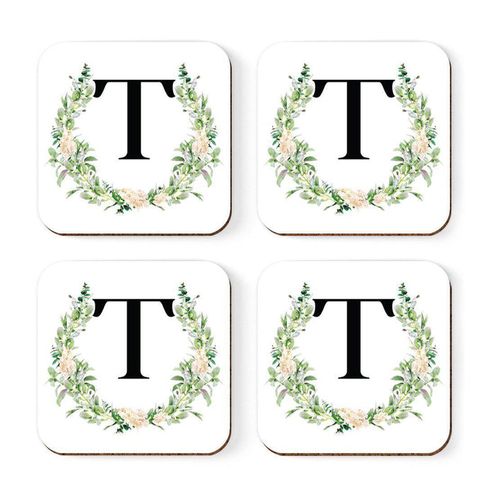 Square Coffee Drink Coasters Gift Set, Garden Green Monogram-Set of 4-Andaz Press-T-
