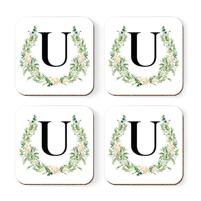Square Coffee Drink Coasters Gift Set, Garden Green Monogram-Set of 4-Andaz Press-U-