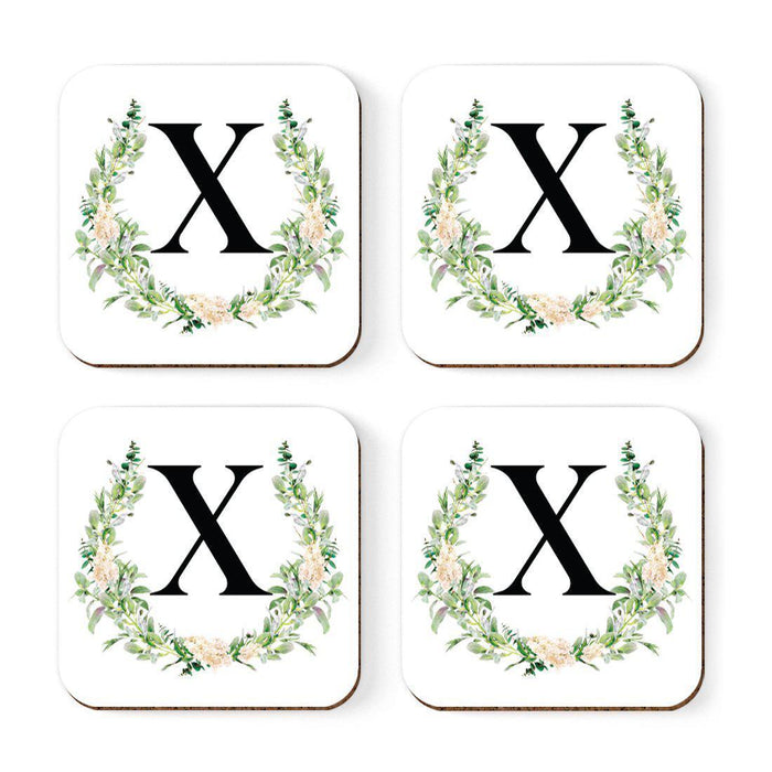 Square Coffee Drink Coasters Gift Set, Garden Green Monogram-Set of 4-Andaz Press-X-