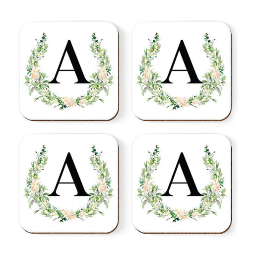 Square Coffee Drink Coasters Gift Set, Garden Green Monogram-Set of 4-Andaz Press-A-