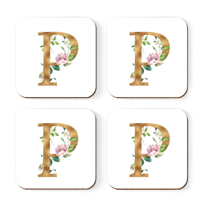Square Coffee Drink Coasters Gift Set, Lush Bloom Monogram-Set of 4-Andaz Press-A-