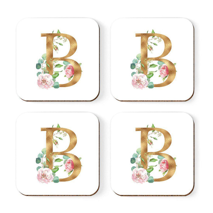 Square Coffee Drink Coasters Gift Set, Lush Bloom Monogram-Set of 4-Andaz Press-B-