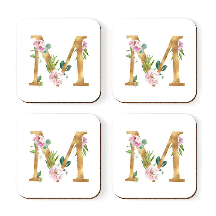 Square Coffee Drink Coasters Gift Set, Lush Bloom Monogram-Set of 4-Andaz Press-M-
