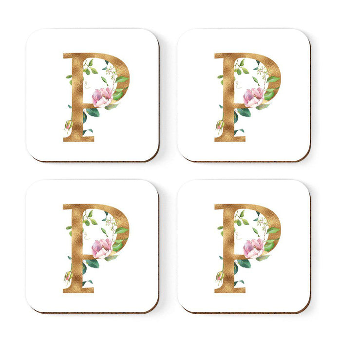 Square Coffee Drink Coasters Gift Set, Lush Bloom Monogram-Set of 4-Andaz Press-P-