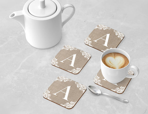 Square Coffee Drink Monogram Coasters Gift Set, Burlap Lace-Set of 4-Andaz Press-A-
