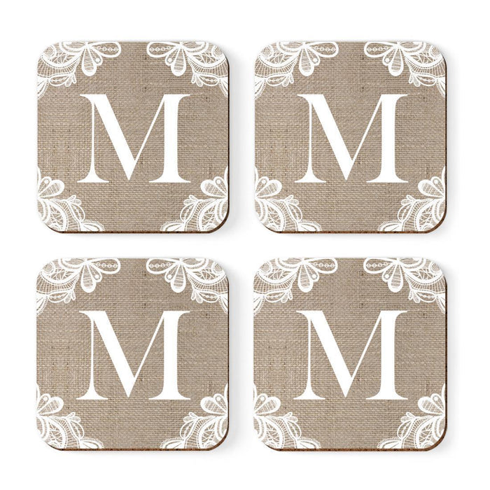 Square Coffee Drink Monogram Coasters Gift Set, Burlap Lace-Set of 4-Andaz Press-M-