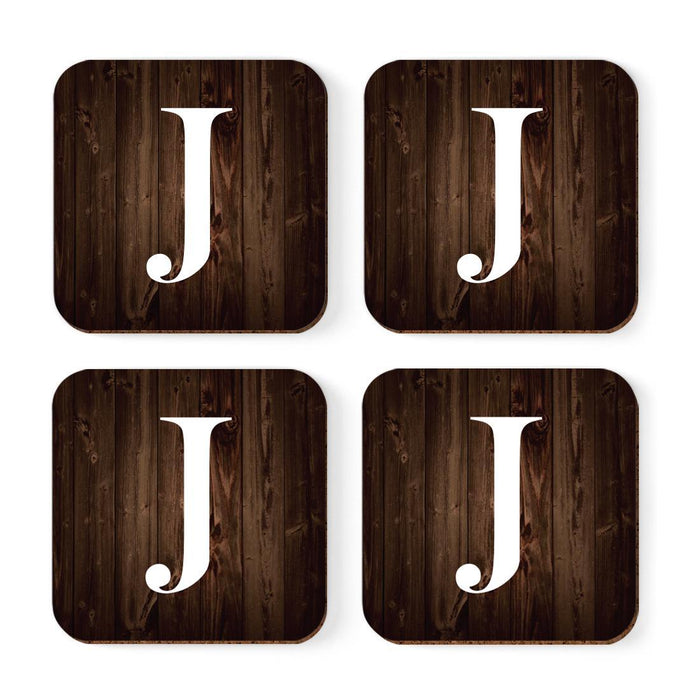 Square Coffee Drink Monogram Coasters Gift Set, Dark Brown Rustic Wood-Set of 4-Andaz Press-A-