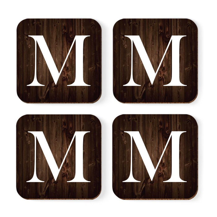 Square Coffee Drink Monogram Coasters Gift Set, Dark Brown Rustic Wood-Set of 4-Andaz Press-A-