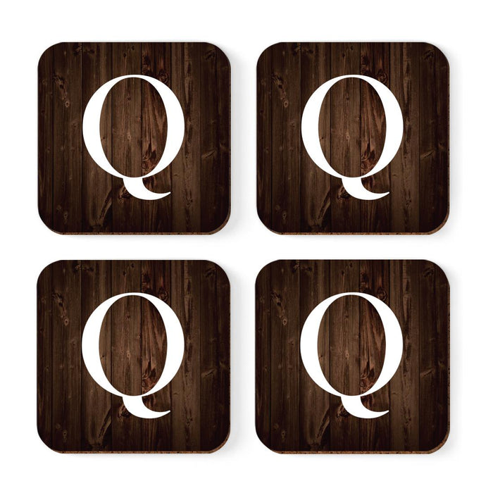Square Coffee Drink Monogram Coasters Gift Set, Dark Brown Rustic Wood-Set of 4-Andaz Press-A-
