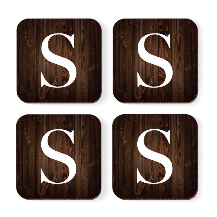 Square Coffee Drink Monogram Coasters Gift Set, Dark Brown Rustic Wood-Set of 4-Andaz Press-A-