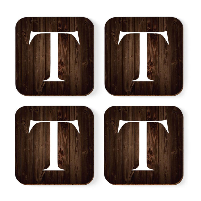 Square Coffee Drink Monogram Coasters Gift Set, Dark Brown Rustic Wood-Set of 4-Andaz Press-A-