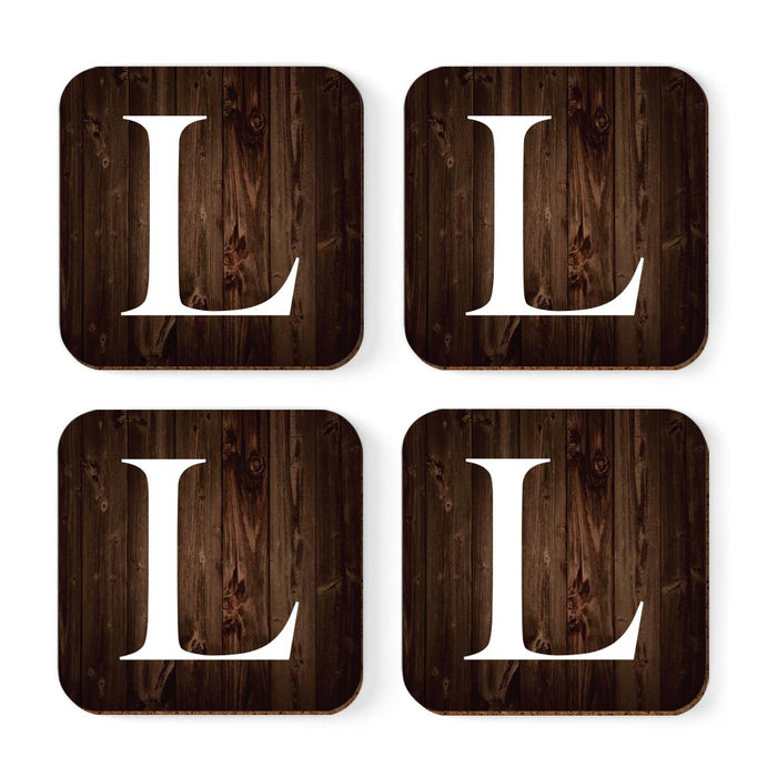 Square Coffee Drink Monogram Coasters Gift Set, Dark Brown Rustic Wood-Set of 4-Andaz Press-L-