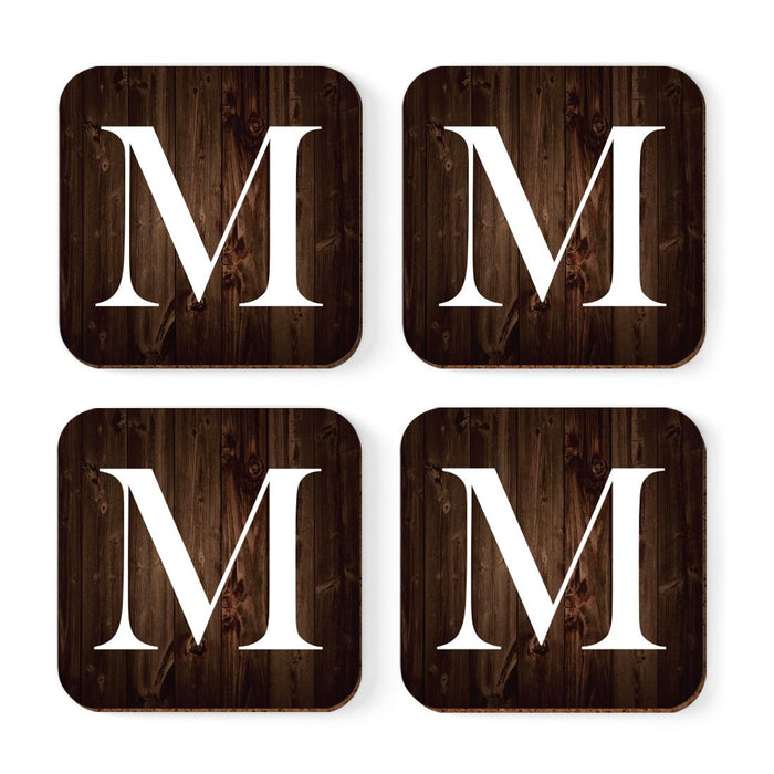 Square Coffee Drink Monogram Coasters Gift Set, Dark Brown Rustic Wood-Set of 4-Andaz Press-M-
