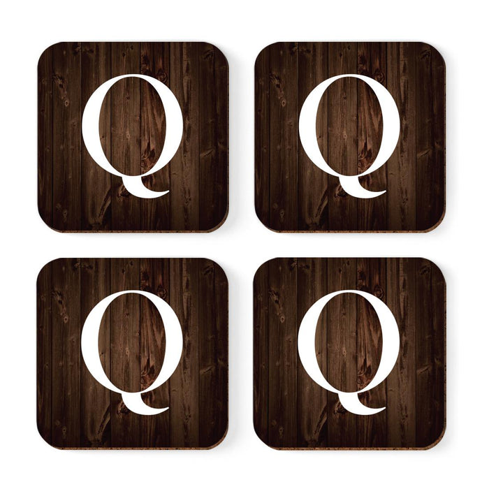 Square Coffee Drink Monogram Coasters Gift Set, Dark Brown Rustic Wood-Set of 4-Andaz Press-Q-