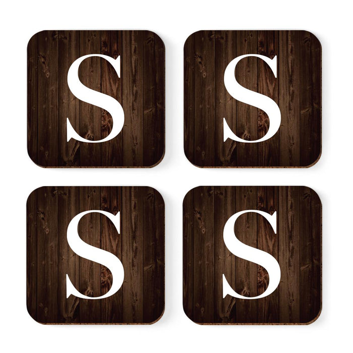Square Coffee Drink Monogram Coasters Gift Set, Dark Brown Rustic Wood-Set of 4-Andaz Press-S-