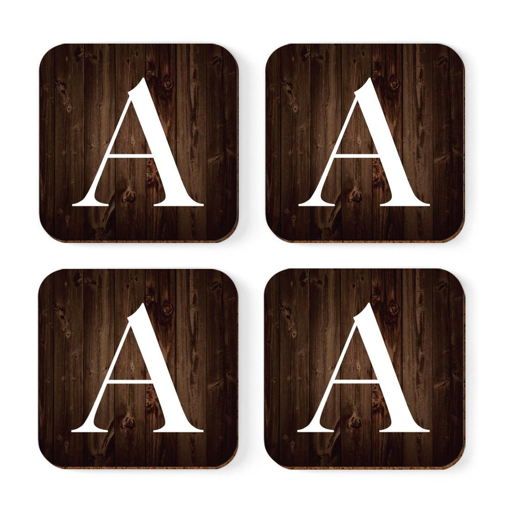 Square Coffee Drink Monogram Coasters Gift Set, Dark Brown Rustic Wood-Set of 4-Andaz Press-A-