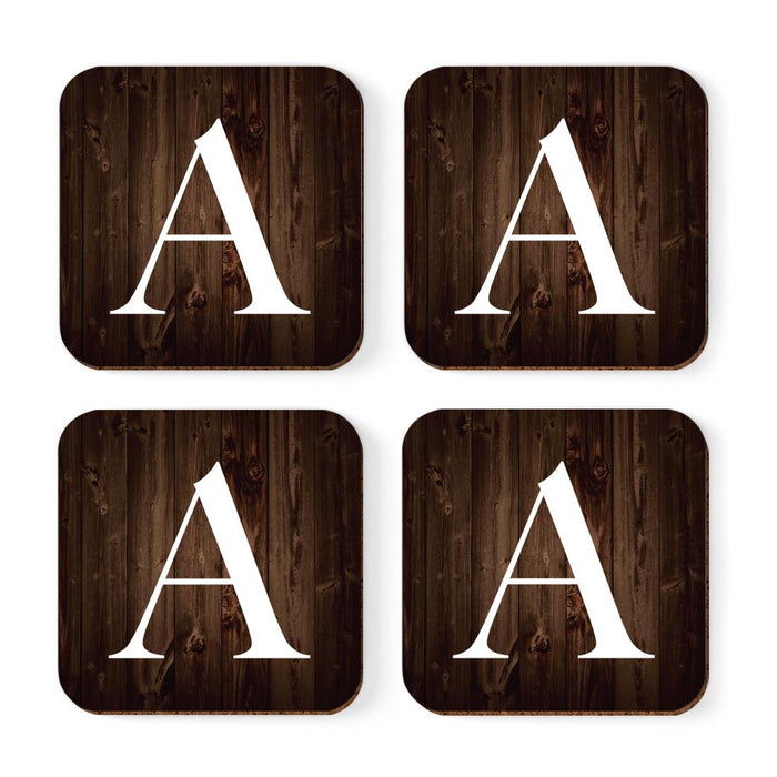 Square Coffee Drink Monogram Coasters Gift Set, Dark Brown Rustic Wood-Set of 4-Andaz Press-A-