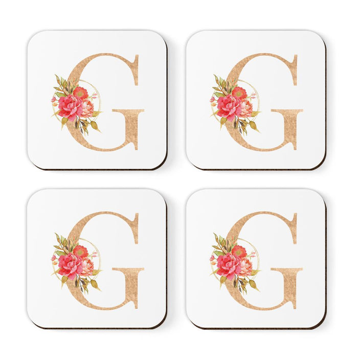 Square Coffee Drink Monogram Coasters Gift Set, Faux Gold Pink Floral-Set of 4-Andaz Press-A-