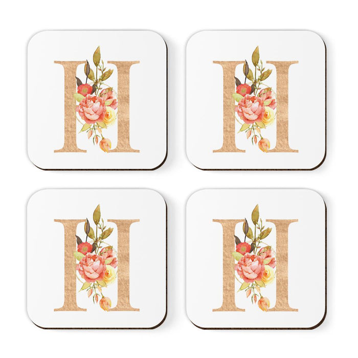 Square Coffee Drink Monogram Coasters Gift Set, Faux Gold Pink Floral-Set of 4-Andaz Press-A-